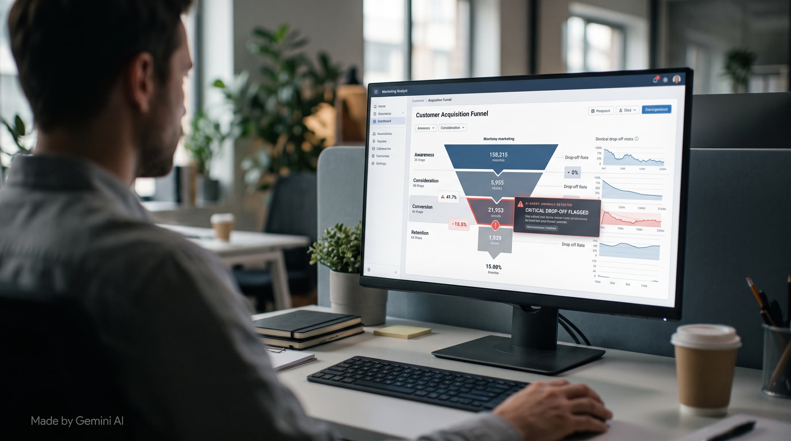 Analyst reviewing an AI dashboard showing customer acquisition funnel metrics and alerts