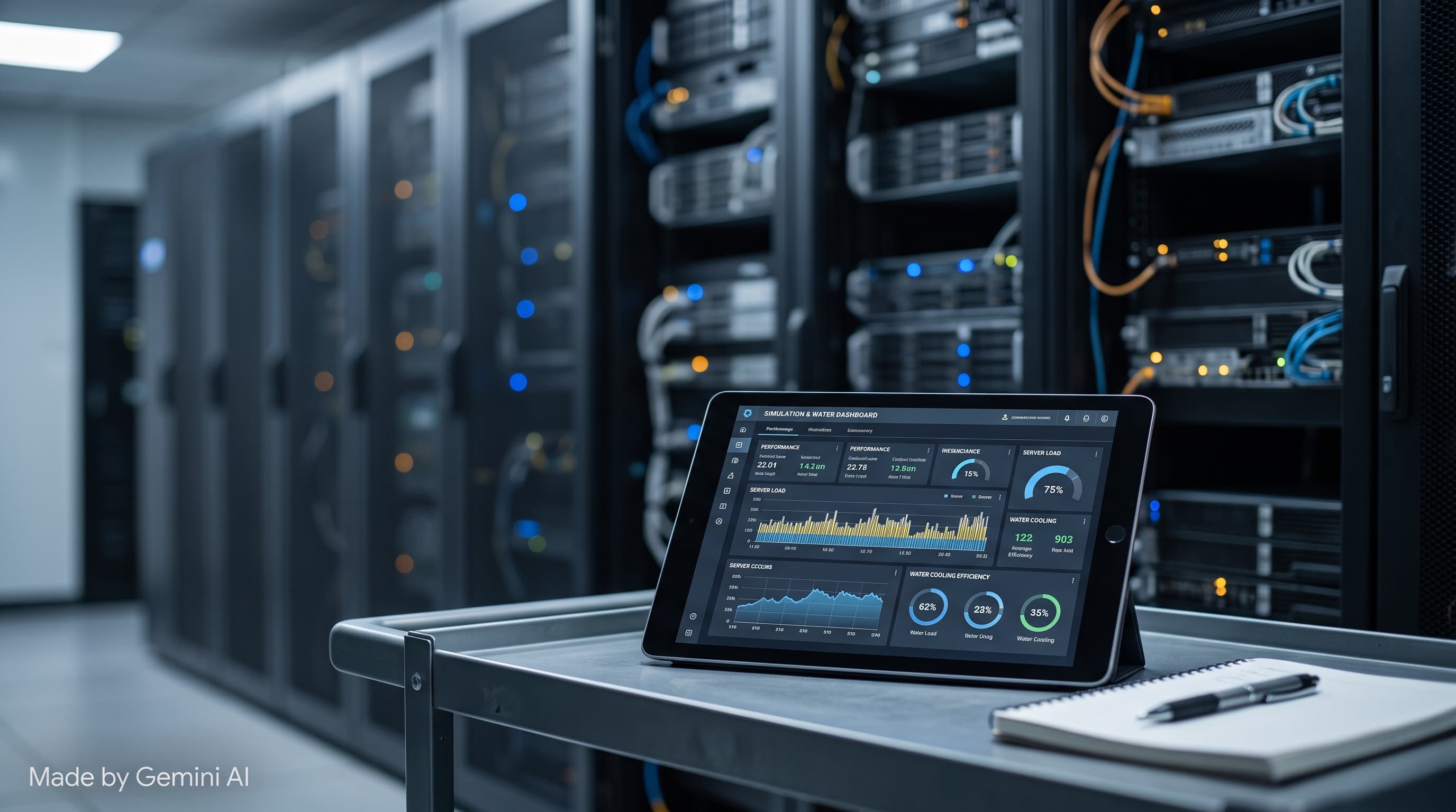 Engineer comparing server performance data in a data centre aisle