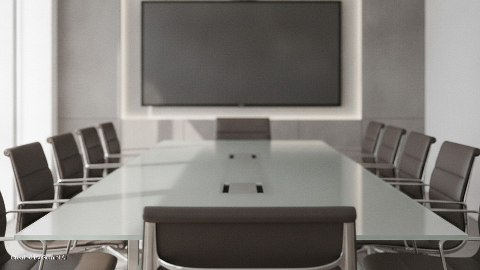 A brightly lit modern conference room featuring a long frosted glass table, multiple dark office chairs, and a large wall-mounted display screen.