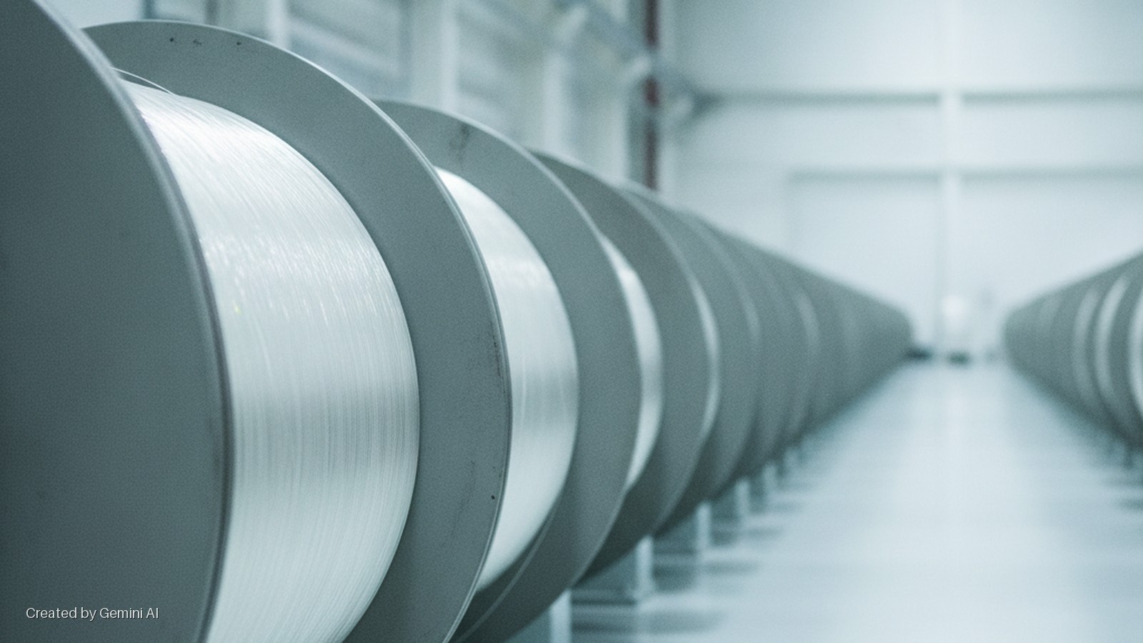Rows of gray industrial spools wound with white filament line a brightly lit, clean manufacturing facility.