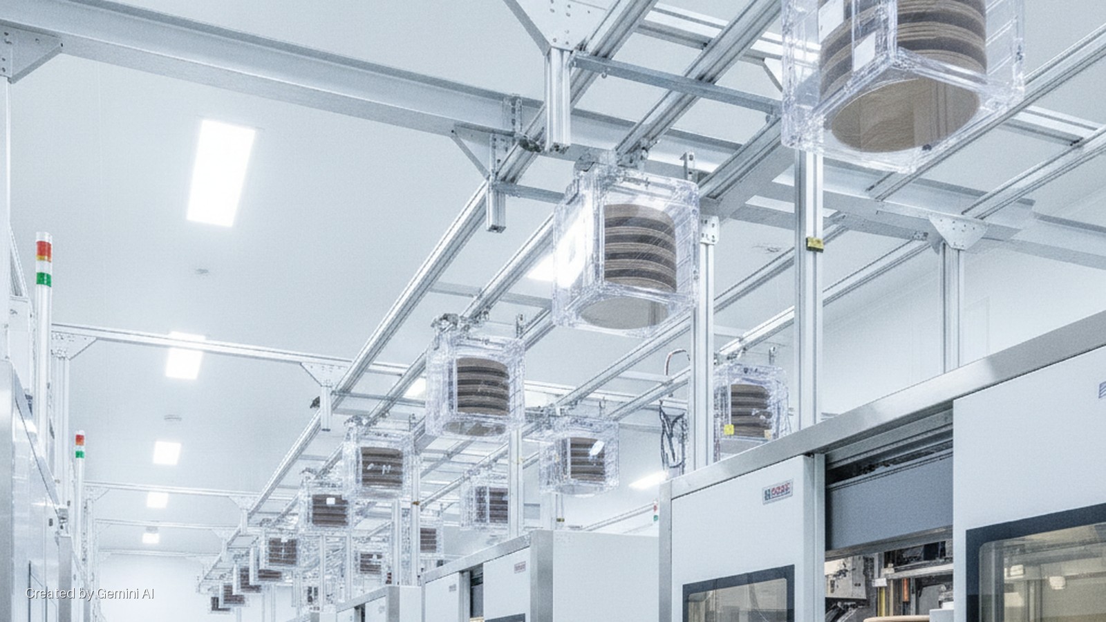 FOUPs filled with semiconductor wafers are transported on an overhead automated material handling system above manufacturing equipment in a bright, white cleanroom.