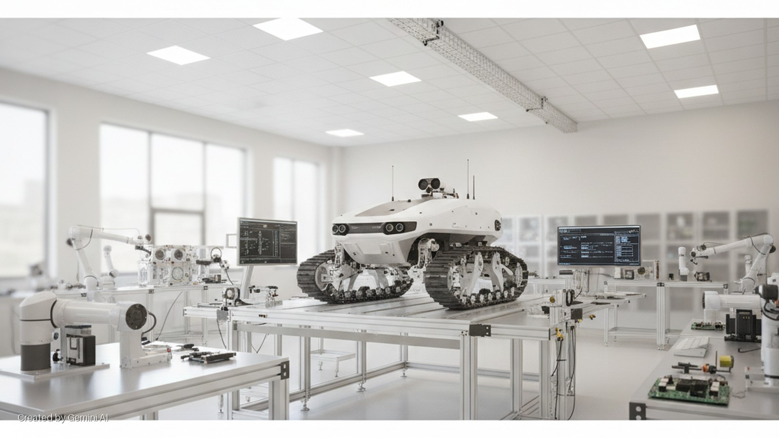 A brightly lit robotics lab features a large white tracked robot on a central table, surrounded by robotic arms, computer monitors displaying technical data, and various electronic equipment on modular workstations.