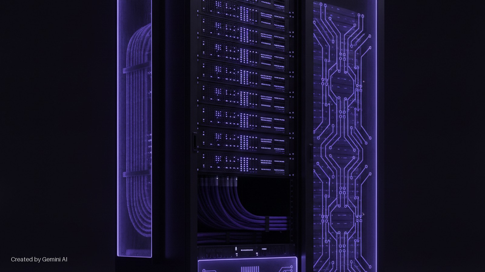 Three glowing purple vertical elements in a dark setting, featuring a server rack with multiple active server units and organized cables, flanked by panels displaying internal cables and circuit board designs.