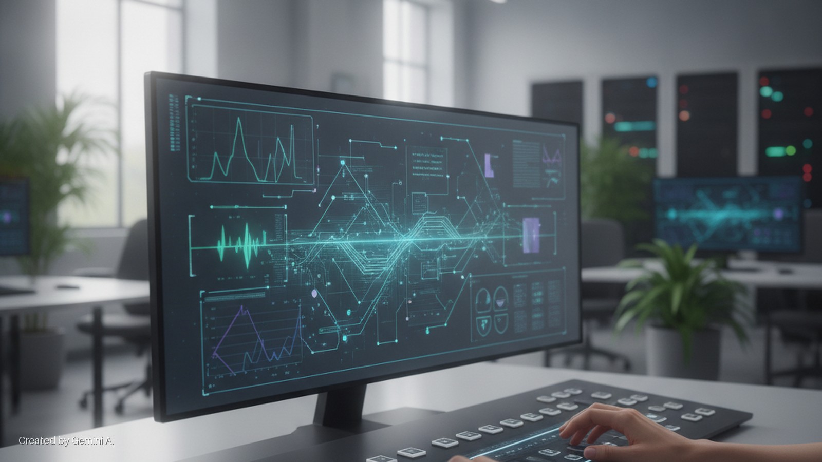 Hands operate a glowing keyboard in front of a monitor displaying intricate teal and purple data visualizations, within a bright modern office featuring multiple screens and potted plants.