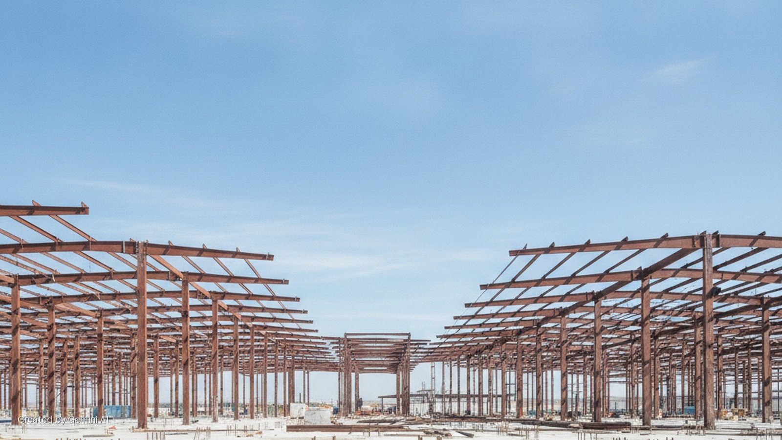 A vast rust-colored steel framework for a building, with numerous columns and beams, stands on a light-colored construction site under a clear, bright blue sky.