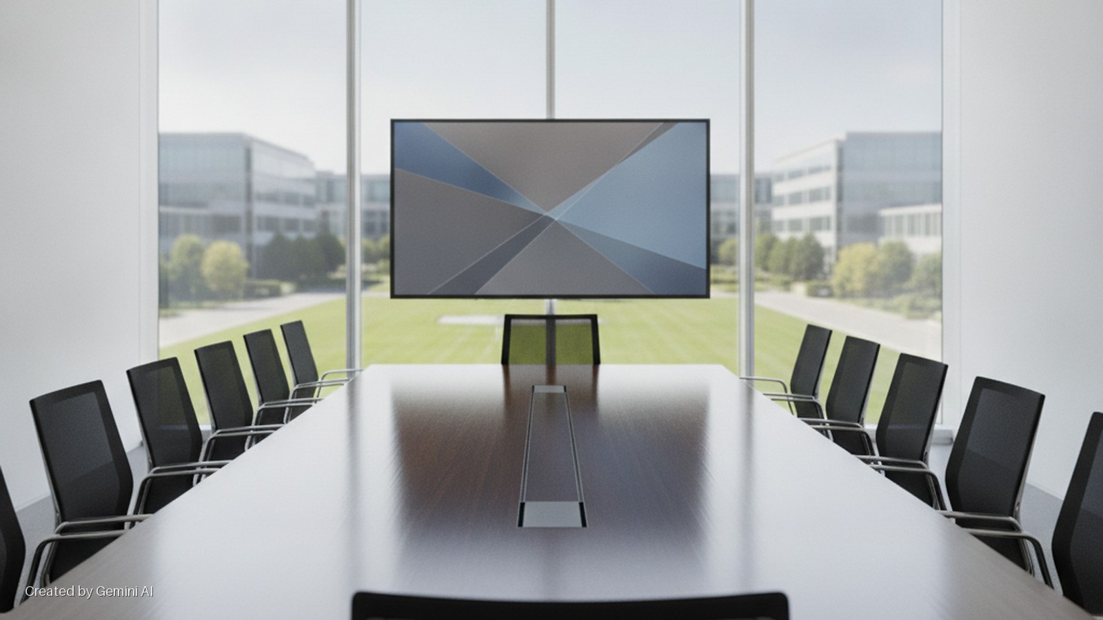 A modern conference room features a long dark wood conference table, black mesh chairs, and a large monitor displaying a geometric pattern, brightly lit by natural light from windows overlooking an office park.