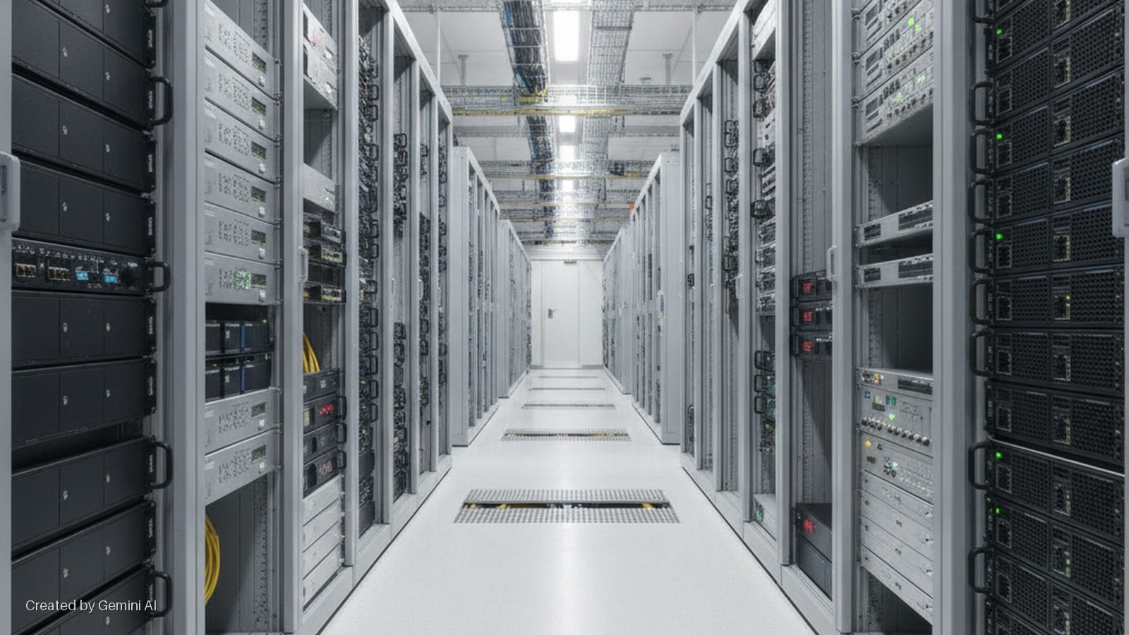A brightly lit data center aisle with long rows of gray and black server racks filled with computer equipment and visible cabling, leading to a closed white door at the far end.