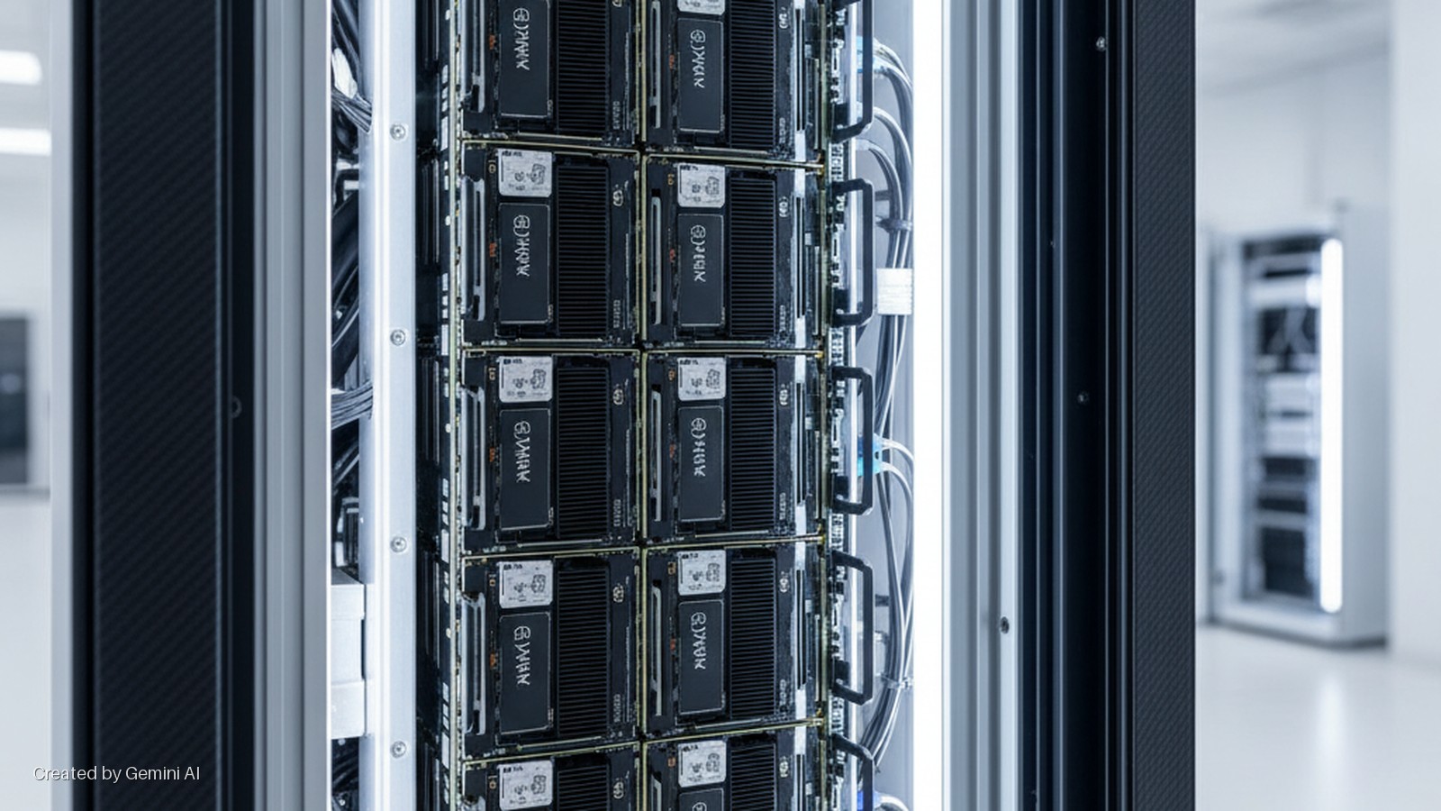 A close-up of an open server rack in a brightly lit data center, displaying multiple stacked black server units with cooling fins and cables, with another rack blurred in the background.