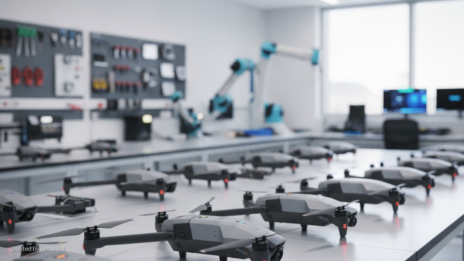 Multiple grey drones with red lights are arranged on tables in a brightly lit modern laboratory, with blue robotic arms, tools on pegboards, and computer monitors in the background.