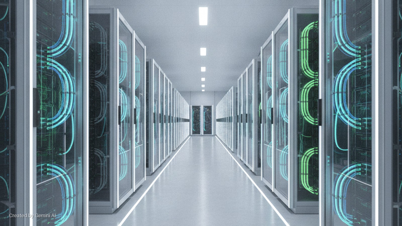 A long data center hallway is lined with server racks displaying glowing blue and green fiber optic cables, illuminated by overhead ceiling lights and white floor strips.