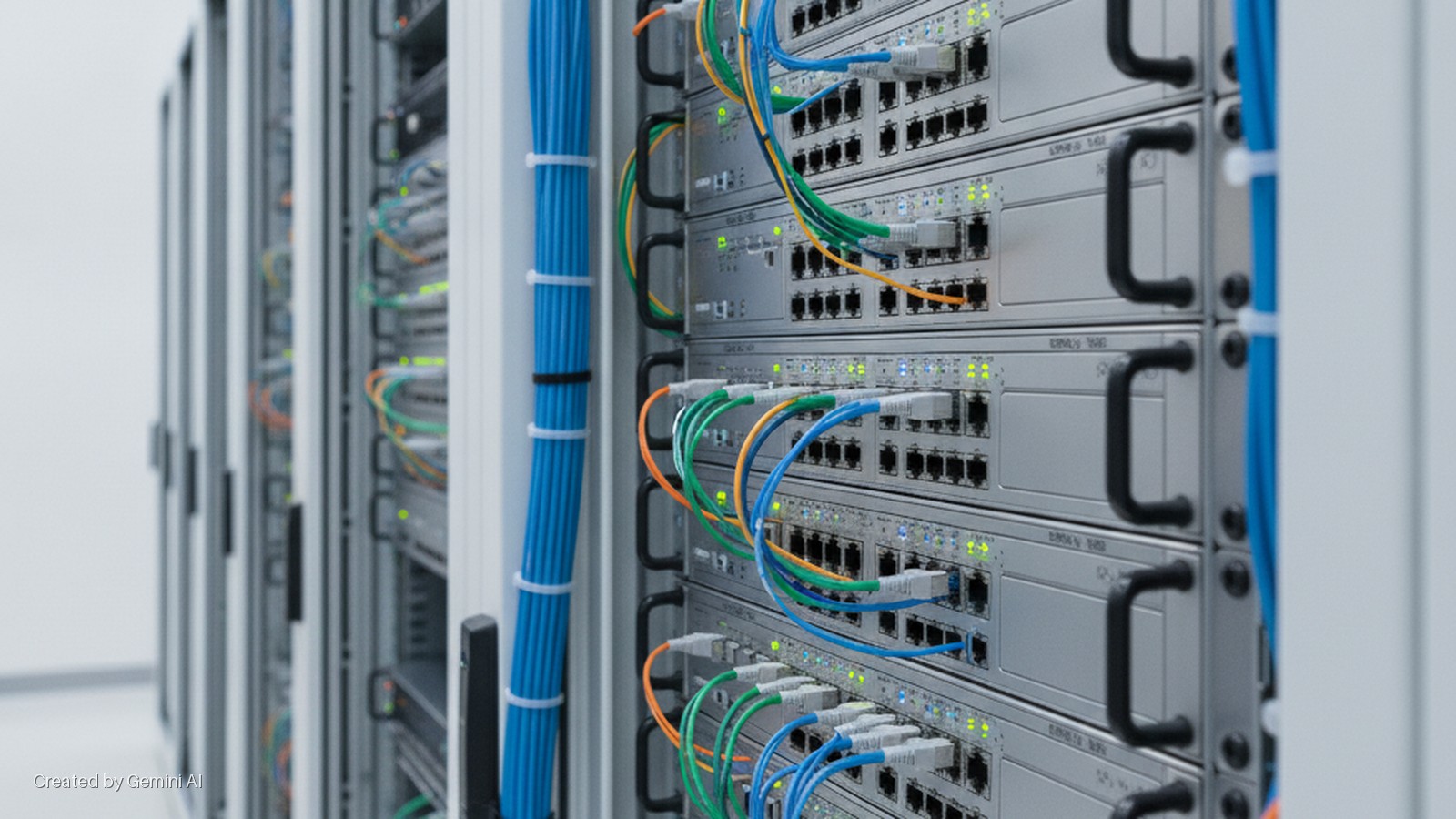 Brightly lit server racks in a data center, with network switches connected by neatly organized blue, green, and orange ethernet cables.