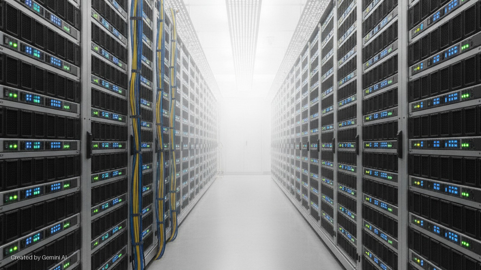 A long, brightly lit data center aisle extends into the distance, flanked by tall rows of server racks displaying numerous green and blue LED lights, with bundles of yellow and blue cables running along the left side.