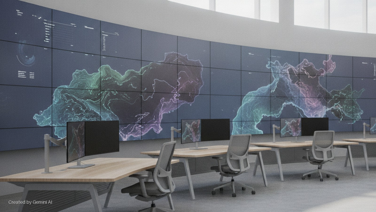 A modern control room with rows of wooden desks, ergonomic chairs, and dual monitors, illuminated by natural light from high windows and facing a large, curved video wall displaying colorful abstract data visualizations.