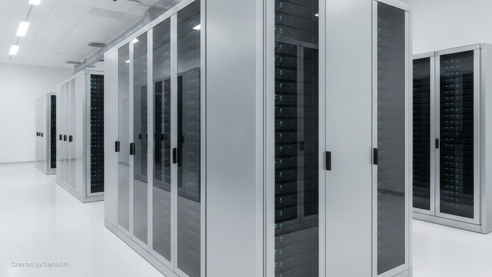 A brightly lit server room contains rows of grey server cabinets with glass doors revealing blinking green and blue lights from internal servers, under a white ceiling with fluorescent lighting and a clean white floor.