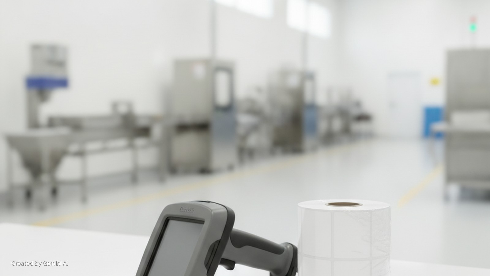A handheld barcode scanner and a roll of blank labels sit on a white surface in the bright, evenly lit foreground, with blurred stainless steel industrial machinery and a yellow floor line visible in the background of a clean room facility.