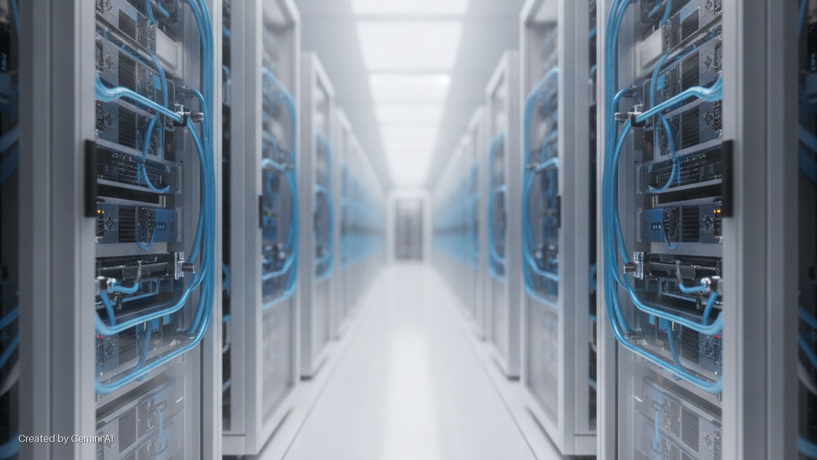 Rows of server racks with blue cables and illuminated indicators line a brightly lit data center aisle, extending into a blurred background.