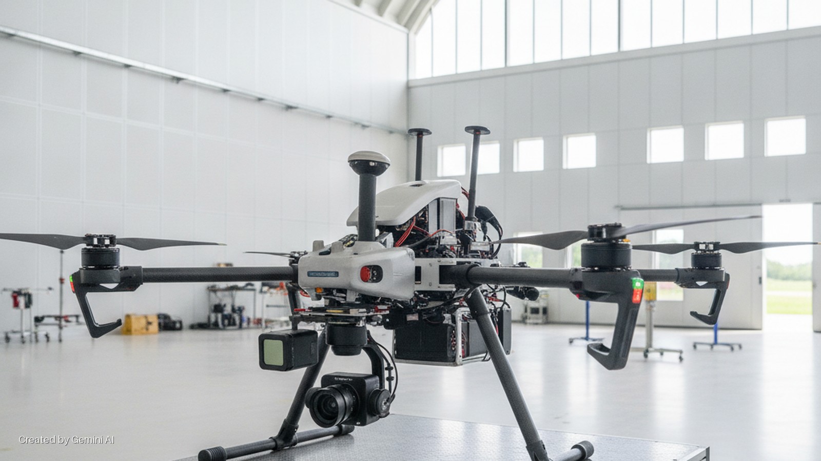 A large, multi-rotor drone equipped with multiple cameras and sensors is displayed on a stand in a brightly lit, spacious white industrial hangar with windows and an open doorway.