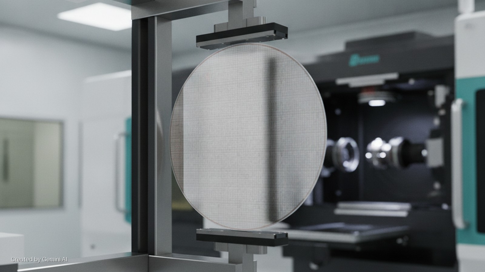 A large silicon wafer patterned with a grid is held vertically by clamps in a brightly lit cleanroom, with specialized semiconductor manufacturing equipment in the background.