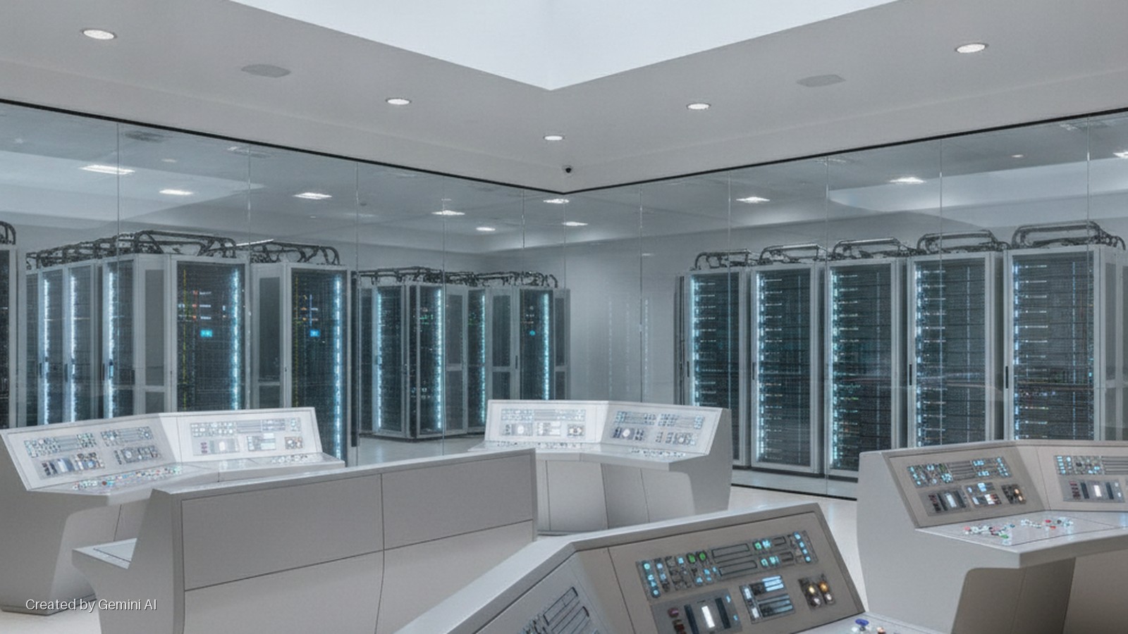 Modern data center control room featuring white consoles with illuminated screens and controls, separated by glass walls from rows of glowing blue server racks under bright recessed ceiling lights.