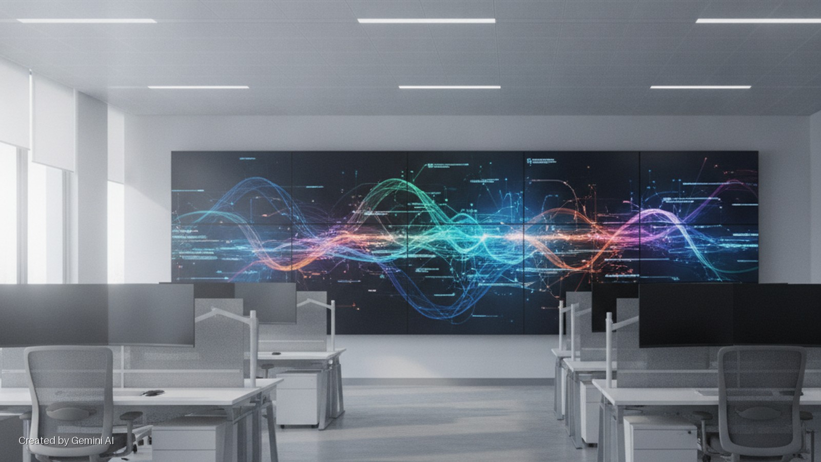 A modern open-plan office features rows of desks with chairs and monitors, brightly lit by overhead linear fixtures, facing a large video wall displaying a colorful, abstract data visualization.