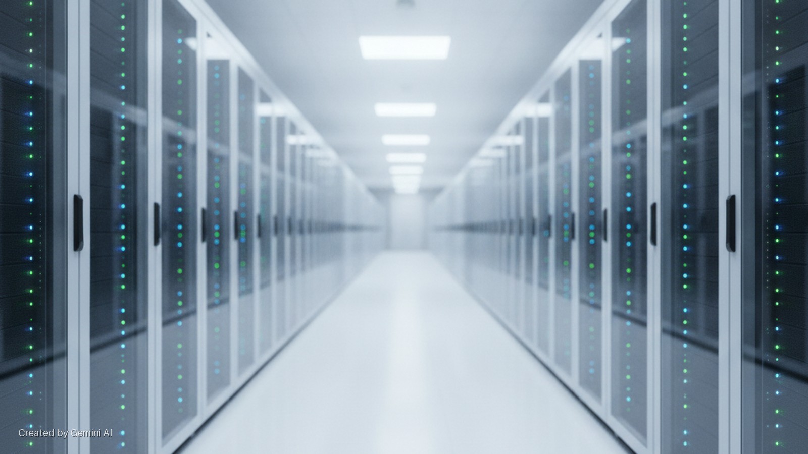 A long, brightly lit data center aisle features rows of server racks with active green and blue indicator lights extending into the distance.