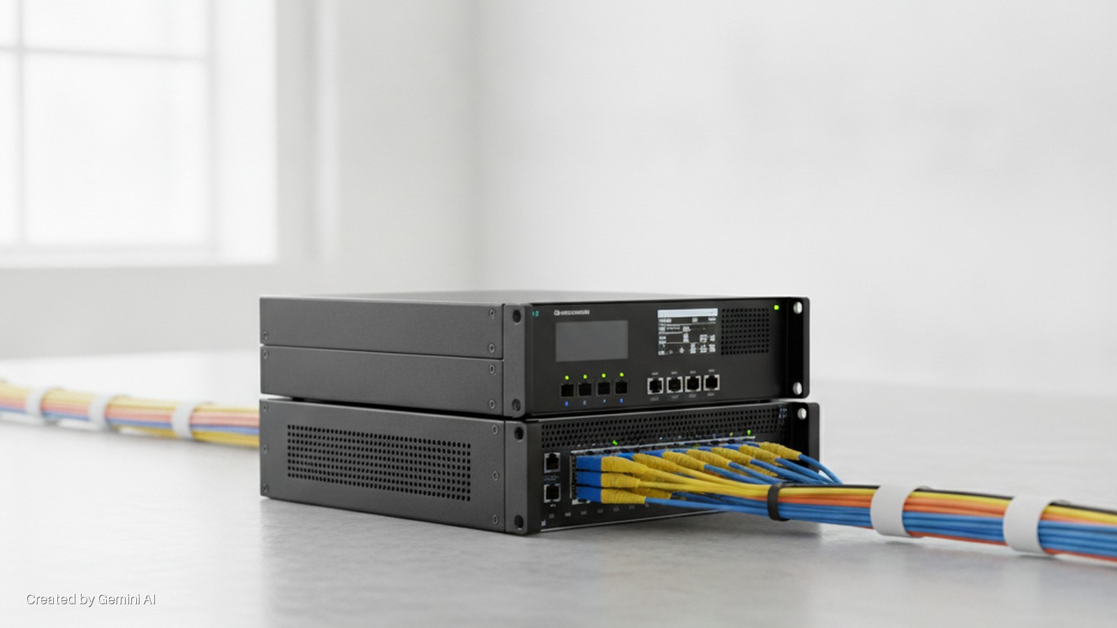 Two black network units stacked on a light gray table, with an array of yellow and blue fiber optic cables connected to the lower unit and extending away, secured by white cable ties, against a bright, naturally lit background with a blurre