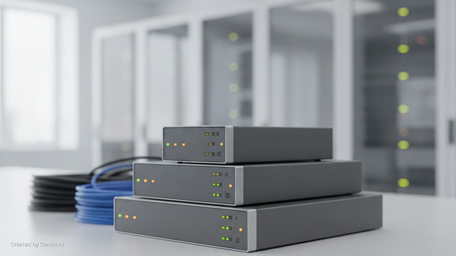 Three stacked grey networking devices with active green and orange indicator lights sit on a white surface next to coiled black and blue cables in a bright server room with blurred server racks and a window.