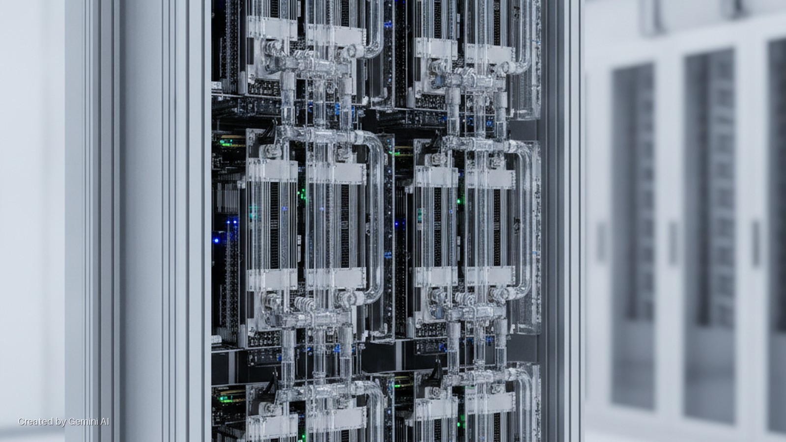 A liquid-cooled server rack in a data center displays transparent tubing, circuit boards with blue and green LED lights, under bright artificial lighting.