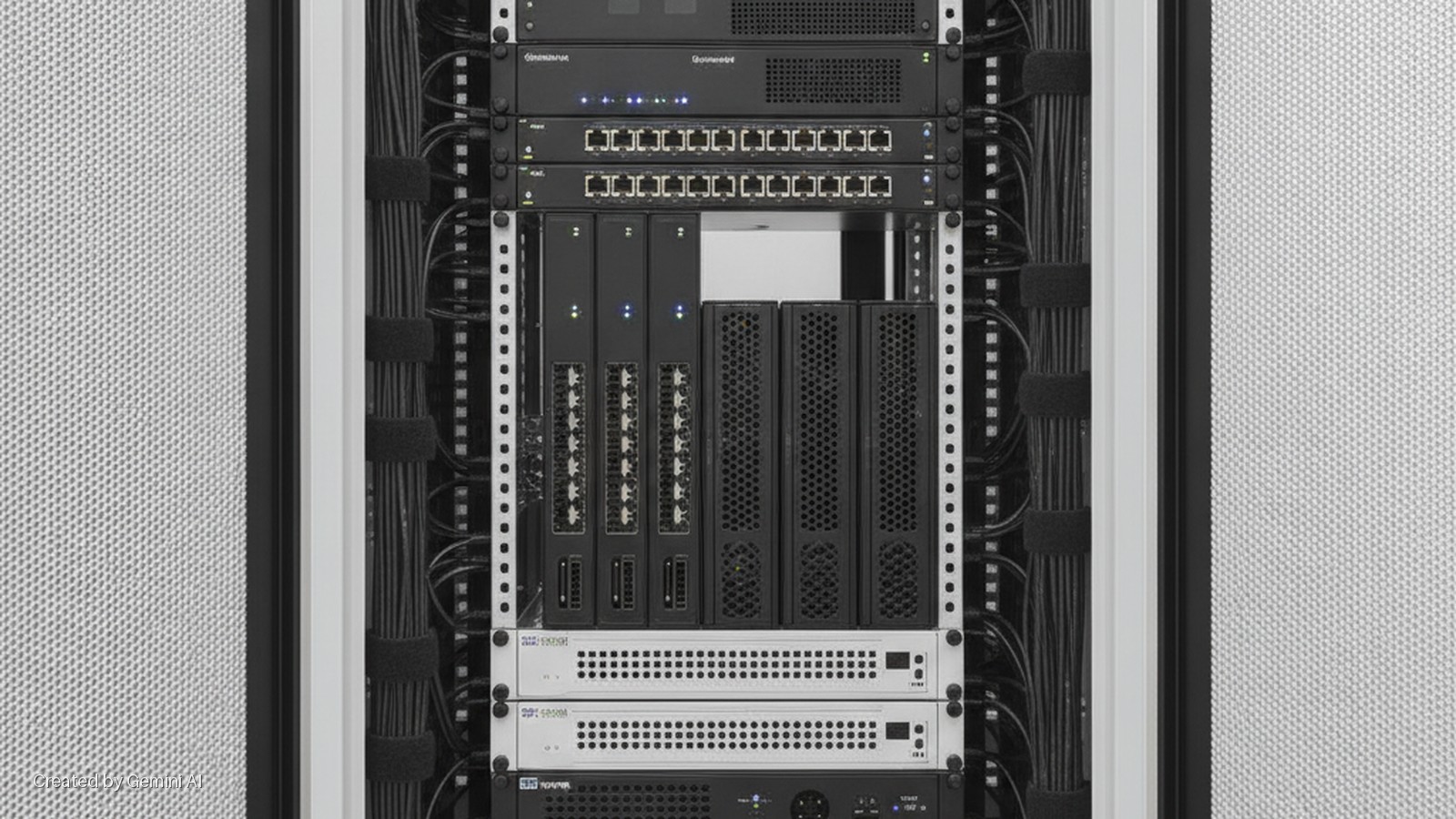 An evenly lit data center server rack holds black network switches, modular servers, and silver rack-mount devices, with neatly bundled black cables secured by Velcro ties, and is flanked by perforated metal panels.