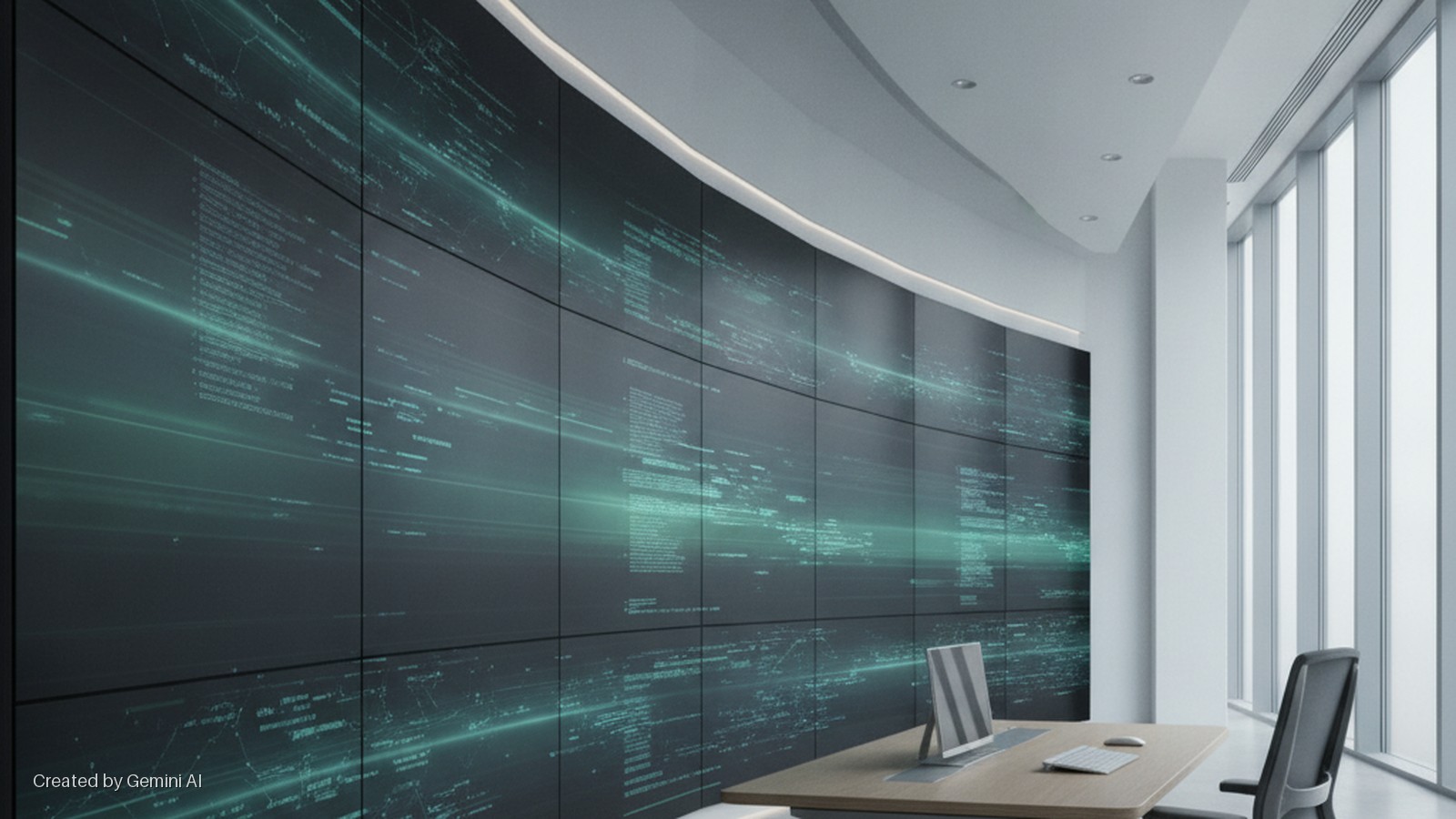 A modern, brightly lit control room features a large, curved video wall displaying abstract green digital data, a light wood desk with a silver monitor, keyboard, and mouse, and a black office chair in the foreground, with a large window on
