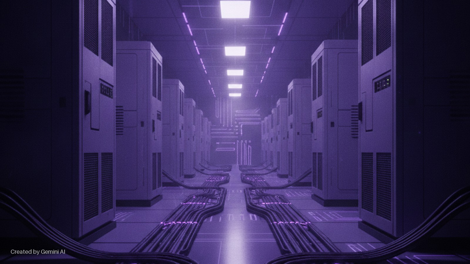 A long, purple-lit data center aisle with rows of server racks, bright ceiling lights, and glowing floor cables.