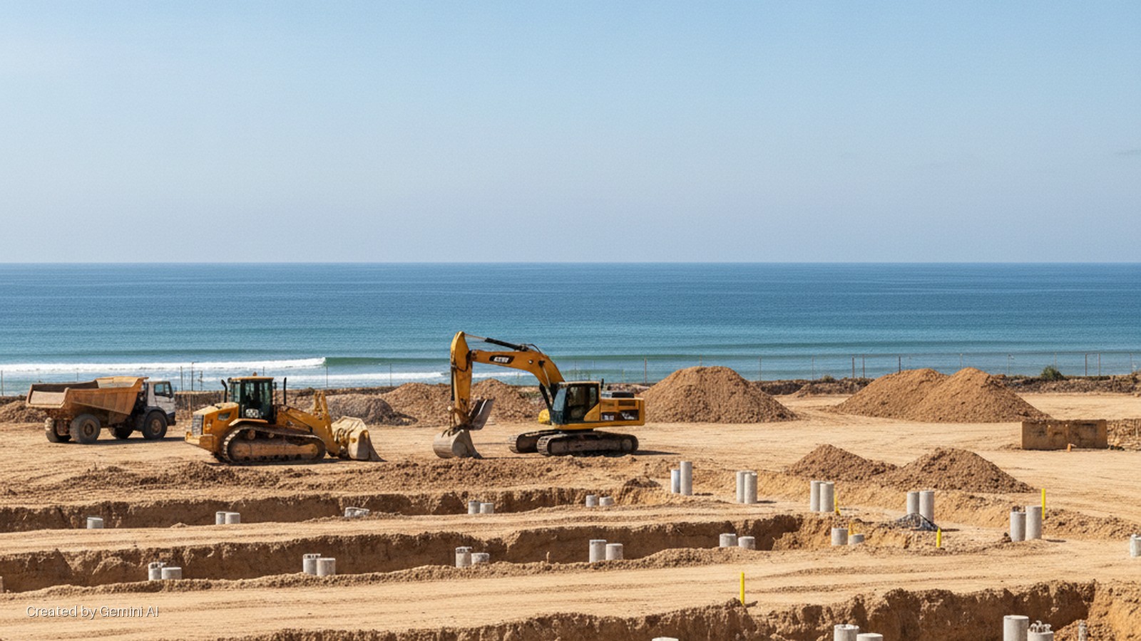 A sunny coastal construction site features cylindrical concrete foundation piles in excavated trenches, mounds of sand, and heavy machinery, with the blue ocean under a clear sky in the background.