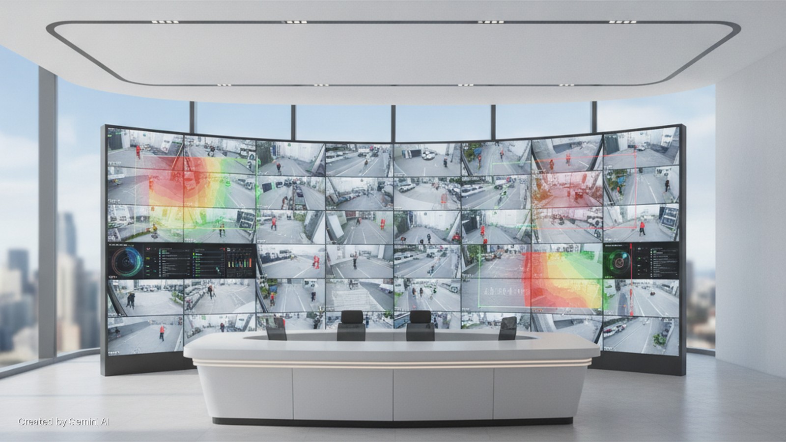 A modern, brightly lit control room features a curved video wall displaying dozens of street camera feeds with overlaid graphics, a white control desk with chairs, and large windows overlooking a city skyline.