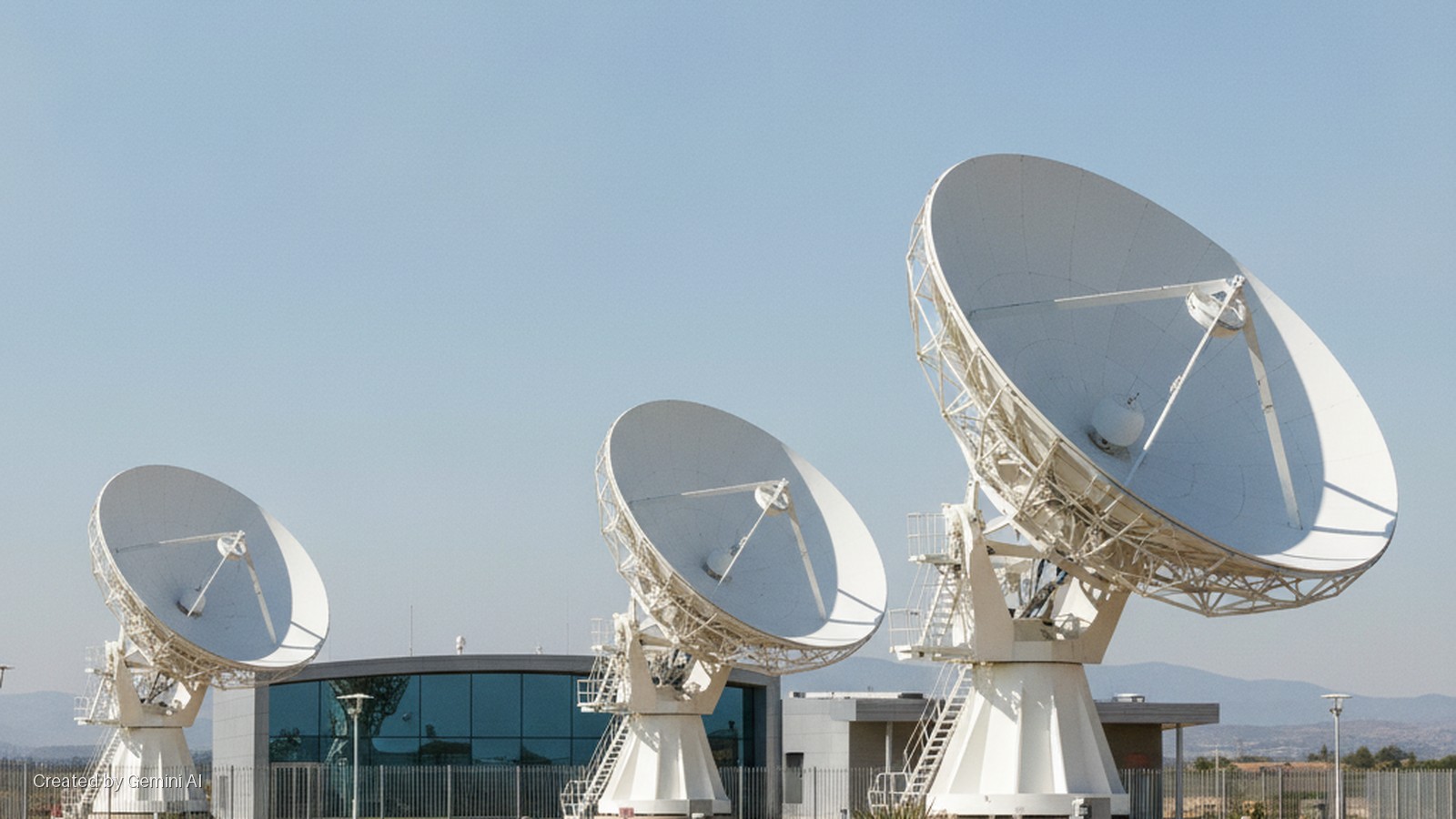 Three large white parabolic antennas stand at a modern ground station with a glass-fronted building and distant hills, under a bright, clear blue sky.