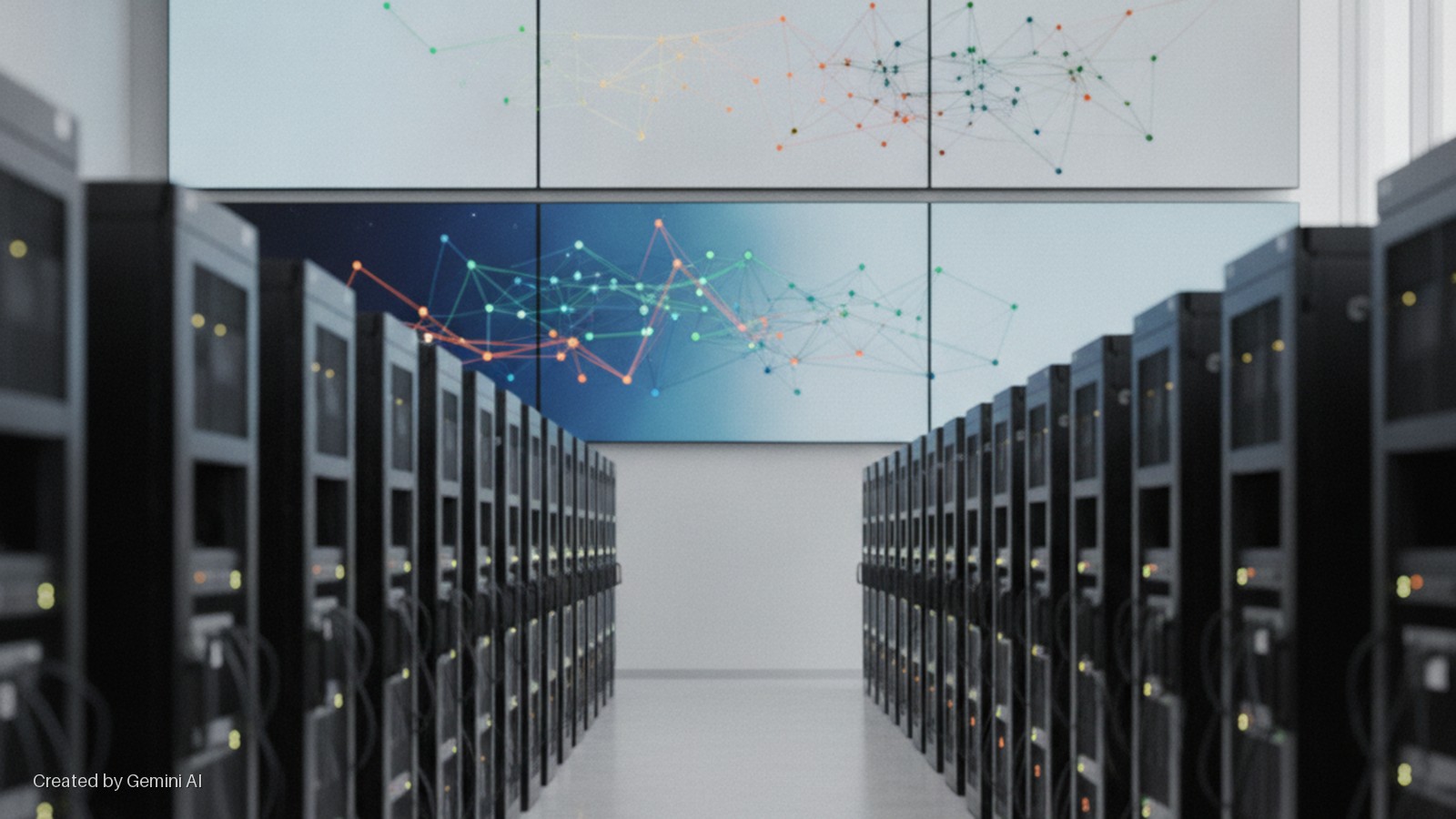 A bright data center aisle flanked by rows of black server racks with illuminated indicator lights, overlooked by multiple screens displaying colorful network graphs.