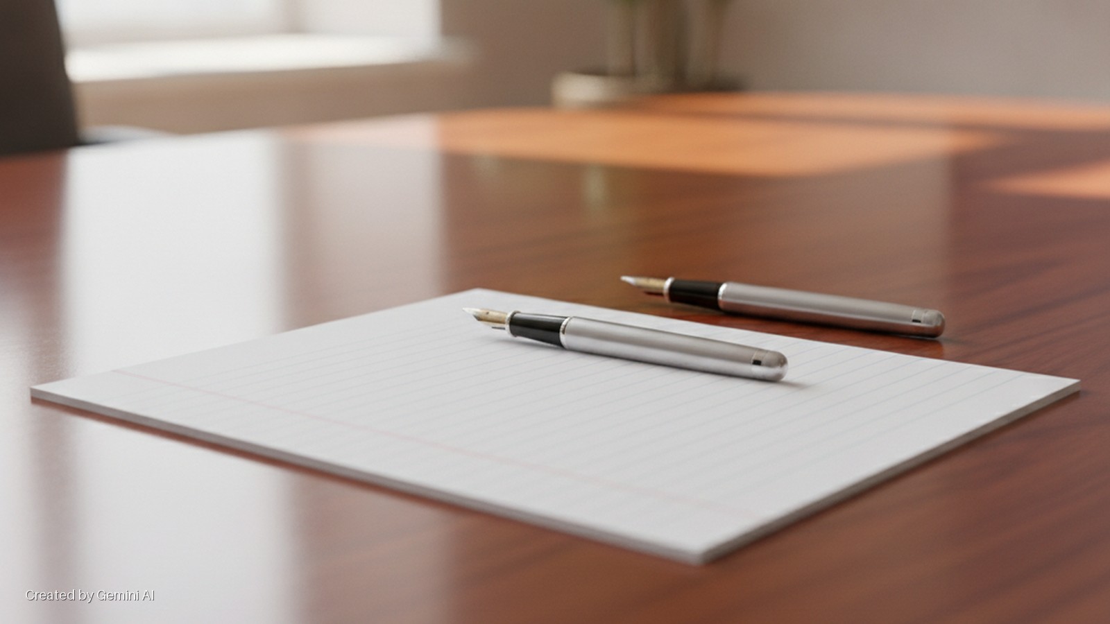 Two silver fountain pens rest on lined paper atop a glossy wooden table, with window light reflecting on its surface and a blurred office background.