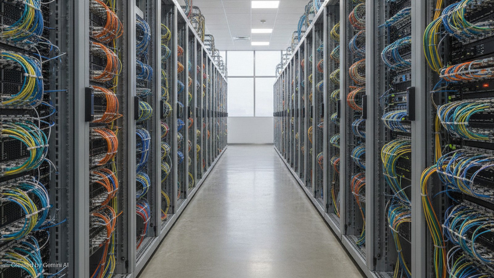 A long, brightly lit aisle in a data center is flanked by two rows of server racks filled with neatly bundled, multi-colored network cables, leading to a large window at the far end.