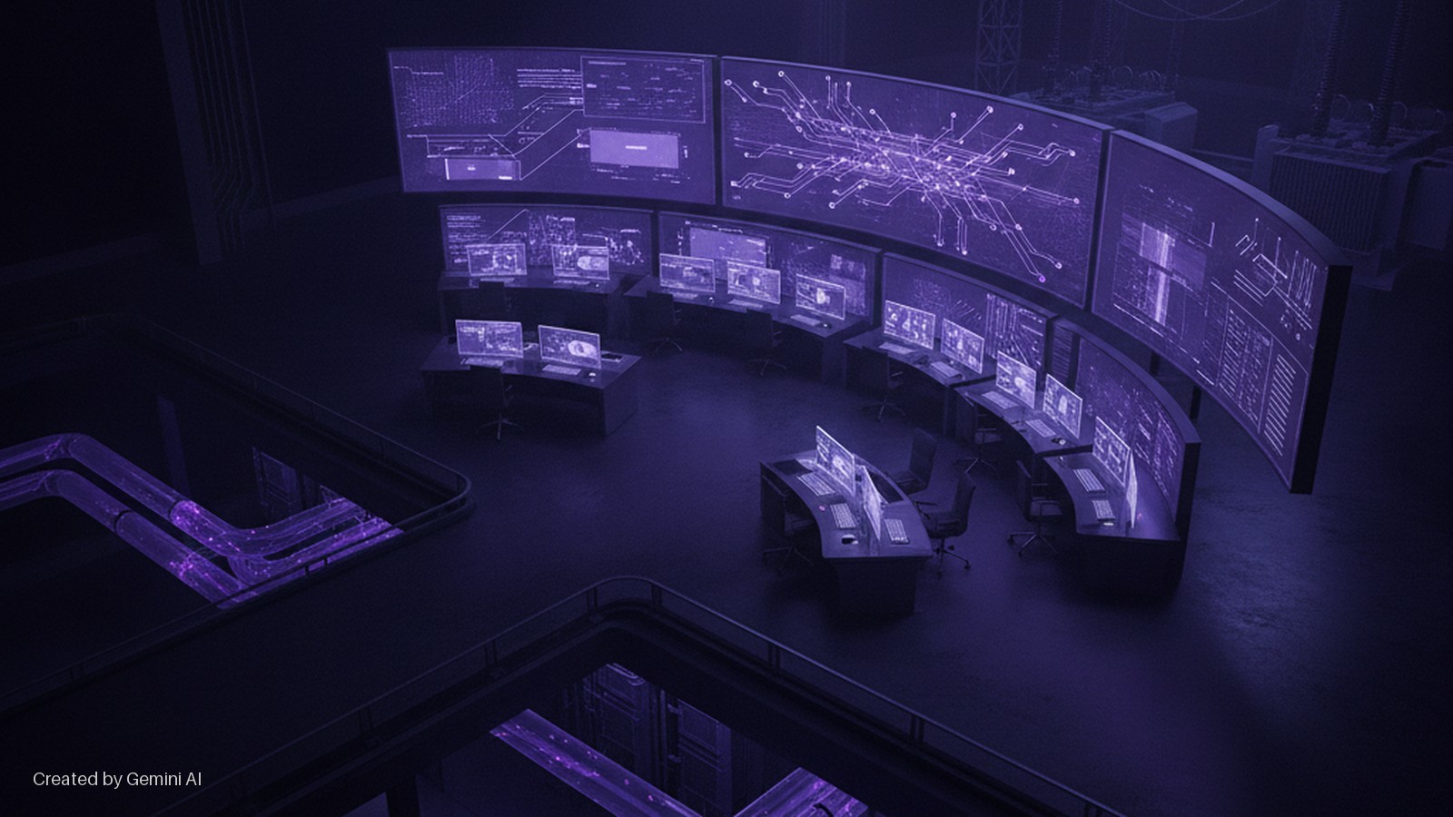A dark, futuristic control room features multiple computer workstations beneath a large, curved array of purple data screens, with glowing purple conduits in the foreground and industrial electrical equipment visible in the distant backgrou