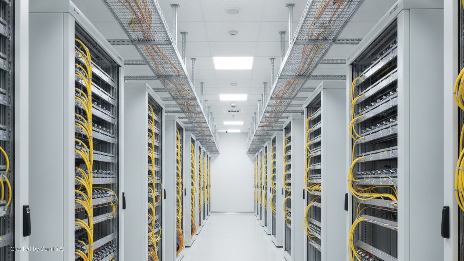A brightly lit data center aisle is lined with rows of server racks displaying yellow cables, overhead metal cable trays, and square ceiling lights.