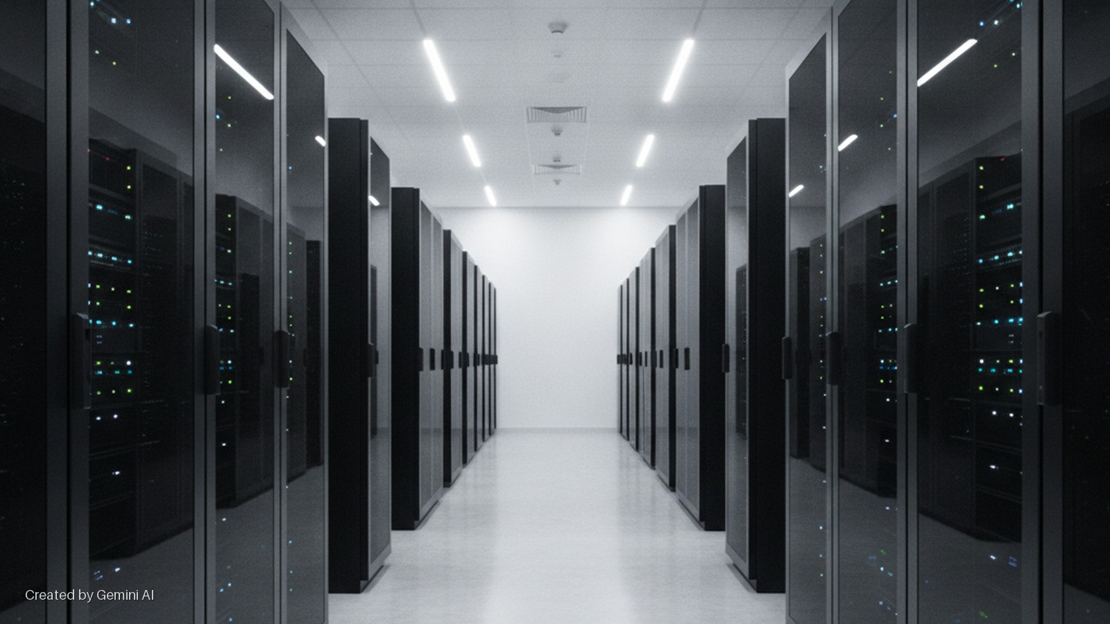 A brightly lit data center aisle features two parallel rows of black server racks with glass doors displaying blinking green and blue indicator lights, illuminated by overhead LED light fixtures.