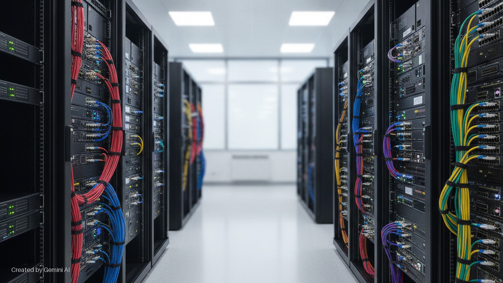 A brightly lit data center aisle features two rows of black server racks filled with network equipment connected by organized colorful cables, leading to blurred windows in the background.
