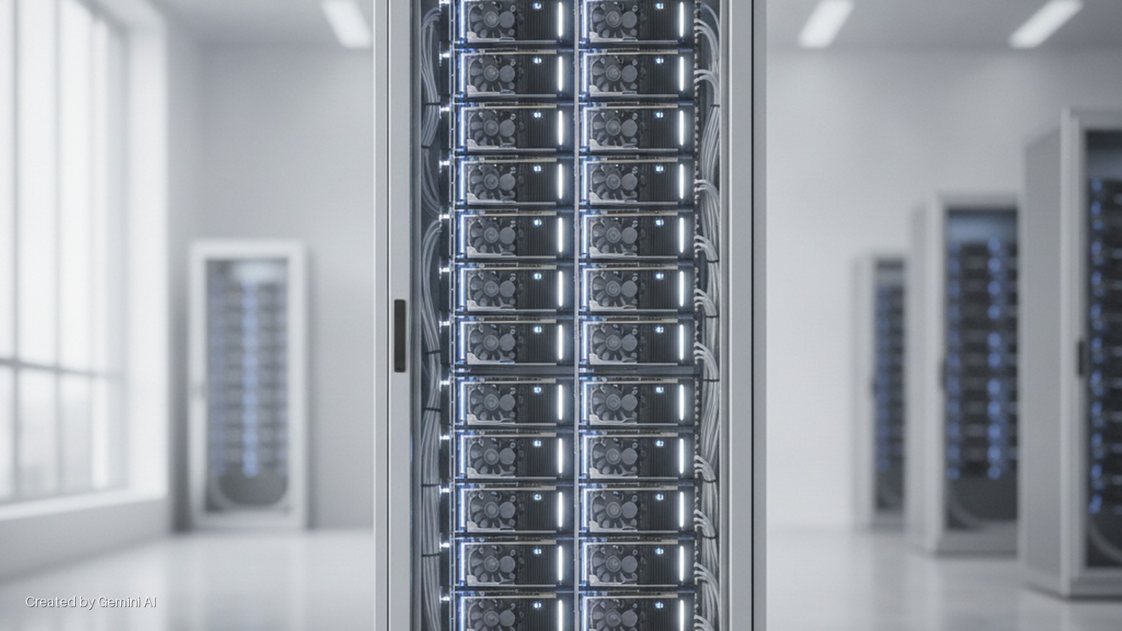 An open server rack displays multiple rows of compute units with visible cooling fans and bright indicator lights, organized with white cables, in a clean data center with additional racks and a window in the background.