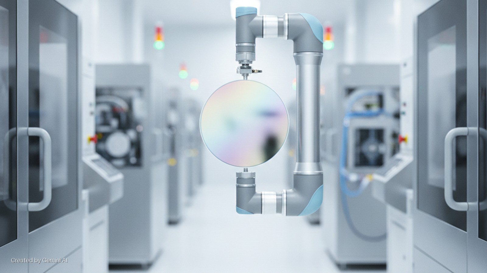 A robotic arm holds an iridescent silicon wafer in a brightly lit cleanroom aisle lined with industrial manufacturing machines featuring glass doors and status lights.