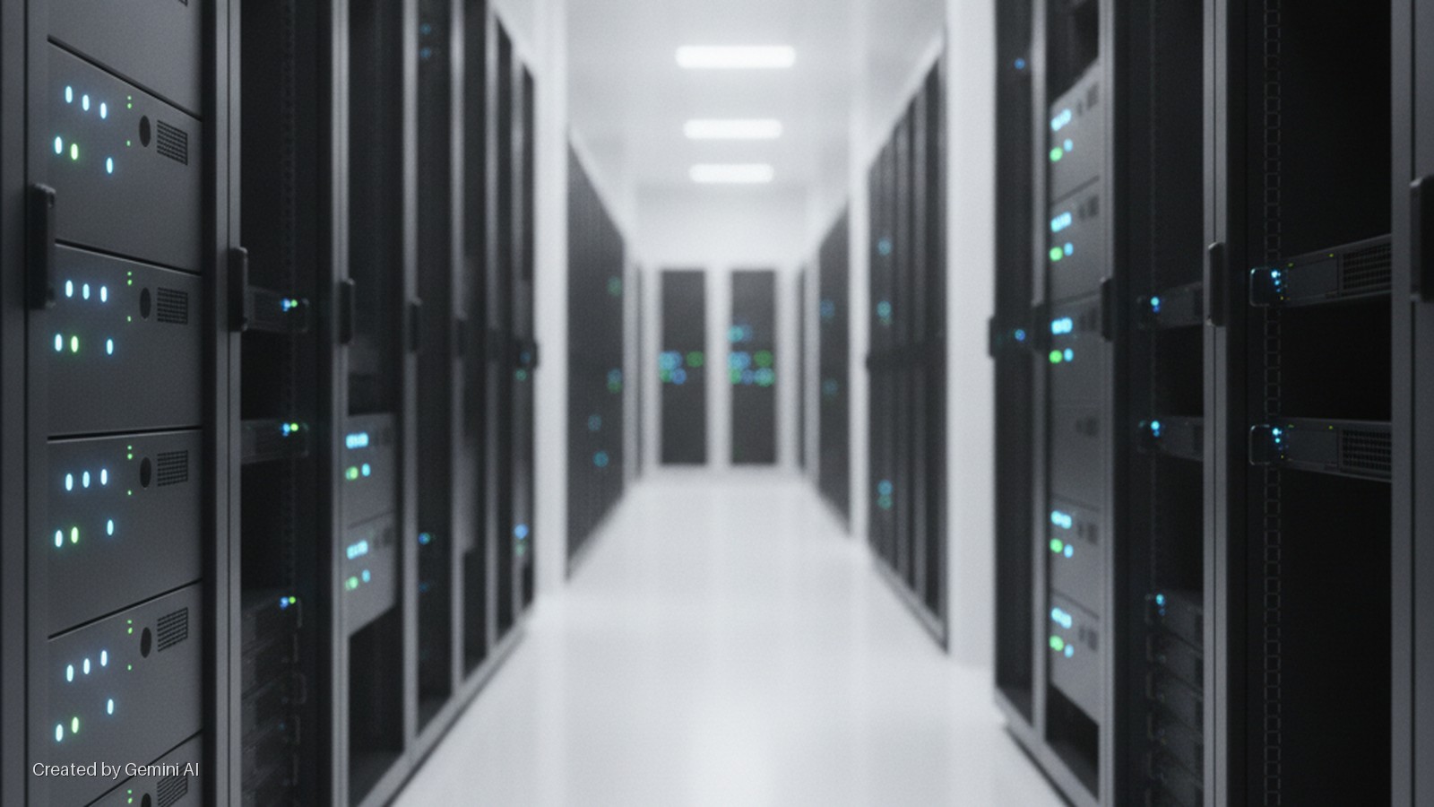 A brightly lit data center hallway extends into the distance, lined on both sides with rows of black server racks displaying glowing blue and green indicator lights.