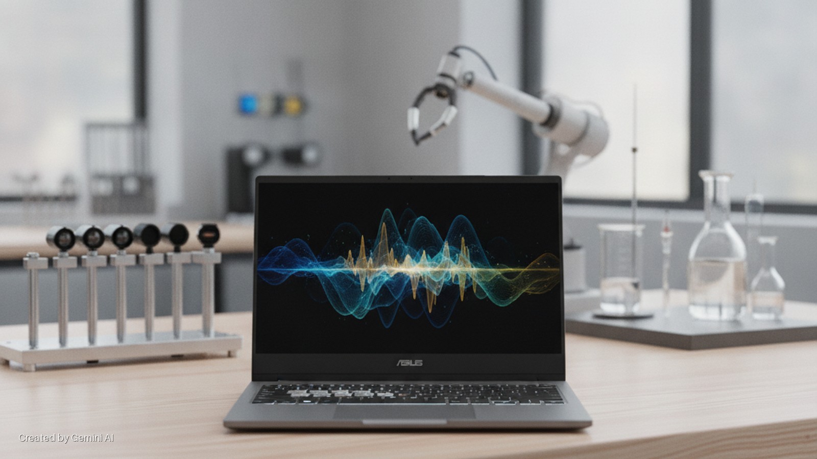 An ASUS laptop displaying a blue and yellow sound wave visualization rests on a wooden desk in a brightly lit laboratory, surrounded by scientific glassware, a robotic arm, and other equipment.