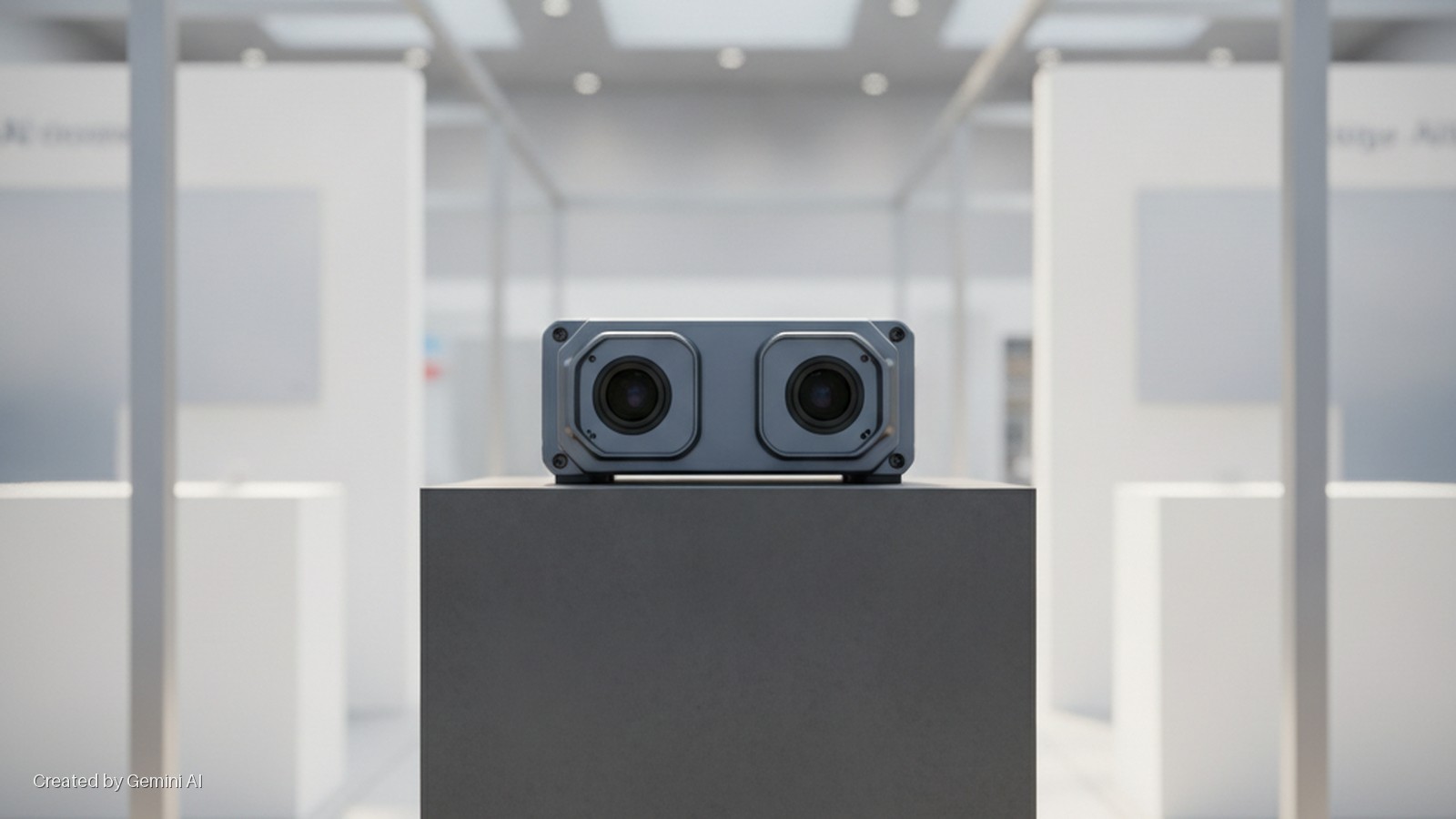 A rectangular grey device with two prominent lenses rests on a grey pedestal in a brightly lit, modern exhibition space featuring white walls and glass display cases.