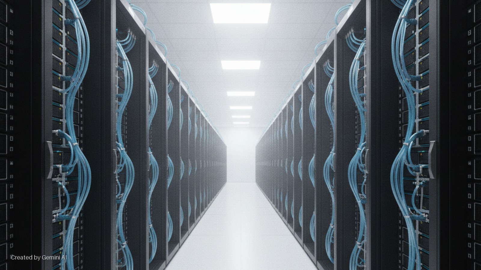 A symmetrical data center aisle with parallel rows of black server racks featuring bright blue cables, illuminated by bright overhead white lights.