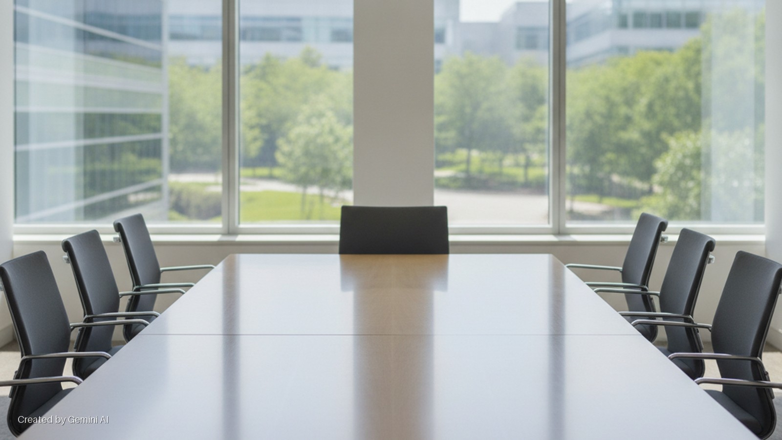 A brightly lit modern conference room features a long, reflective wooden table surrounded by black office chairs, with large windows revealing an outdoor landscape of green trees and office buildings.