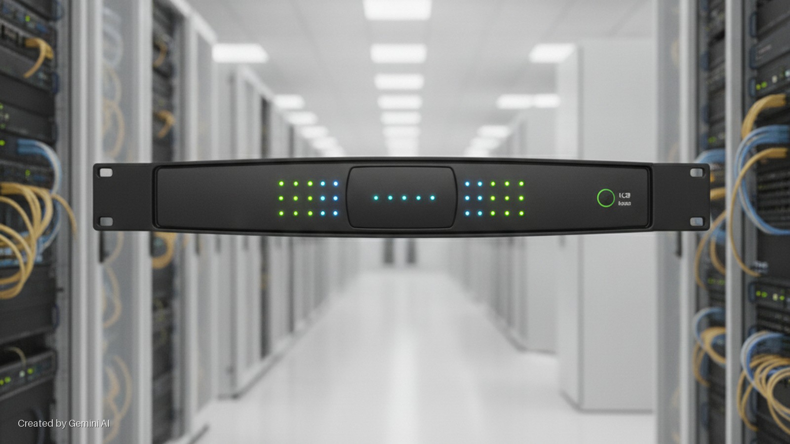 A black rack-mounted server unit with green and blue indicator lights is positioned in the foreground of a brightly lit data center aisle lined with rows of server racks.