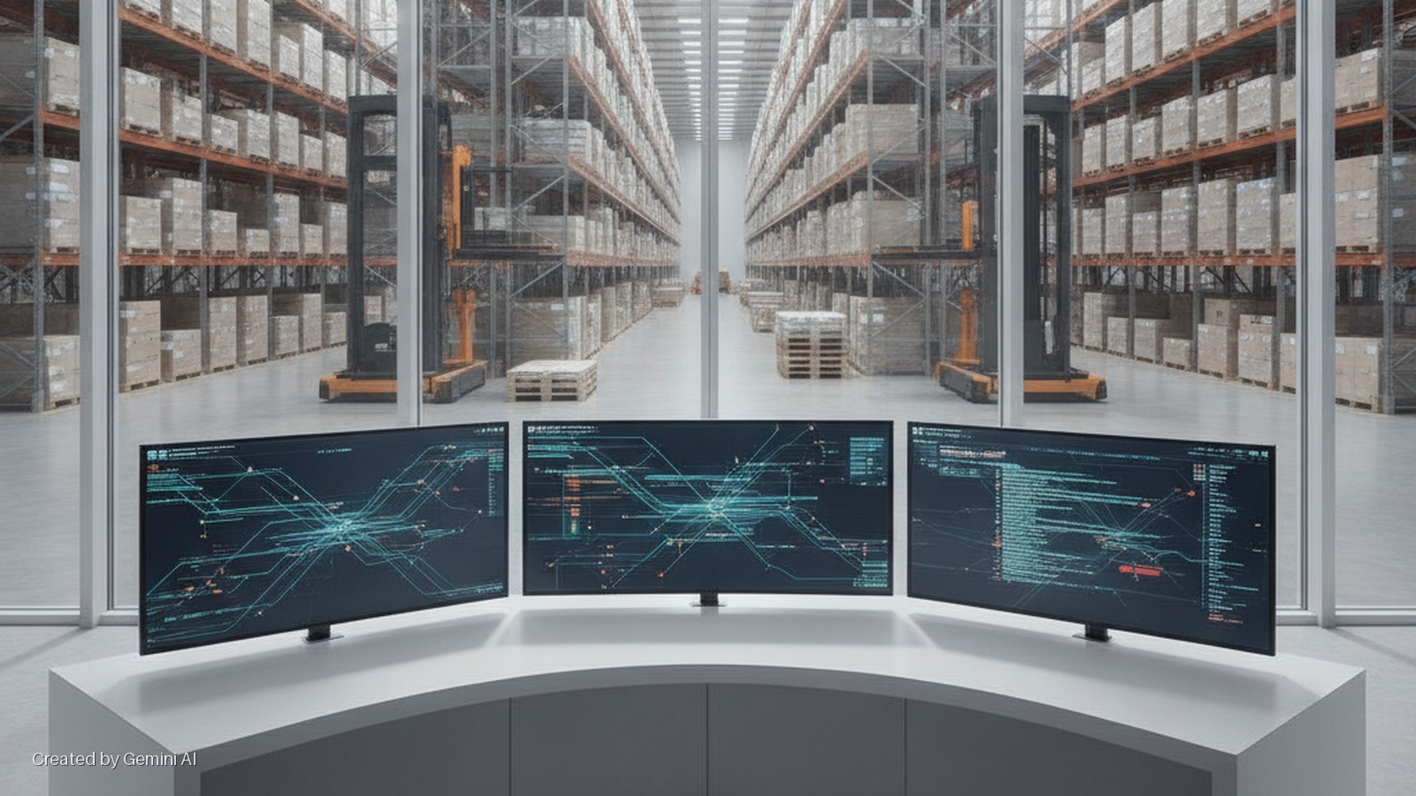 Three monitors displaying data visualizations are on a curved white desk in a control room overlooking a brightly lit warehouse filled with shelves of stacked boxes and two forklifts.